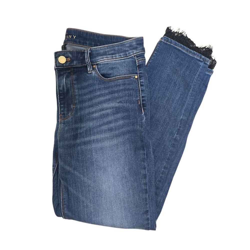 WHBM The Skinny Ankle Lace Hem Jeans Blue Denim 6